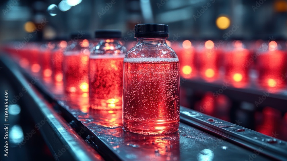 Bottles on Conveyor Belt in Beverage Factory Bottles on Conveyor Belt in Beverage Factory