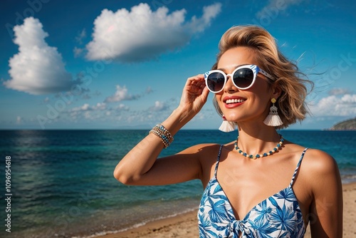 Charming Woman in Trendy Sunglasses Celebrating Summer at Scenic Ocean Beach