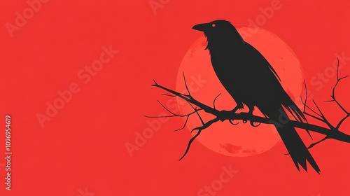 Silhouette of a crow perched on a branch against a red moon. photo