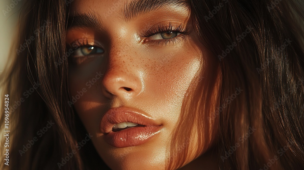 Beautiful Woman with Long Brunette Hair and Flawless Skin Close-Up Beautiful Woman with Long Brunette Hair and Flawless Skin Close-Up
