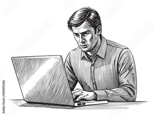 man working on lap top sketch drawing hand drawn vector illustration