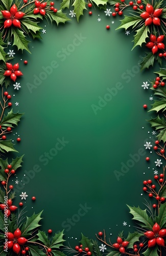 Green background Christmas invitation. Holly leaves red berries snowflakes border. Blank space center. Festive Xmas template. Holiday design element. Winter celebration card. Party invite mockup. New photo