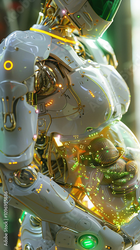 Futuristic pregnant robot with a glowing artificial uterus. AI Generated