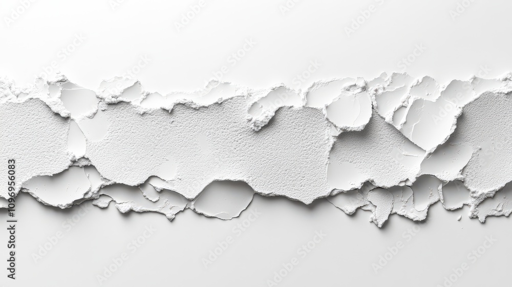 A close-up of peeling white paint on a textured surface, showcasing wear and decay.