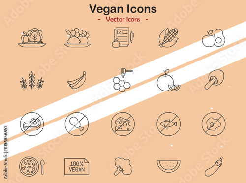 Icons representing veganism and plant-based themes in vector style