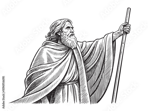 Moses holding staff wearing robe jesus christ praying sketch hand drawn drawing vector illustration