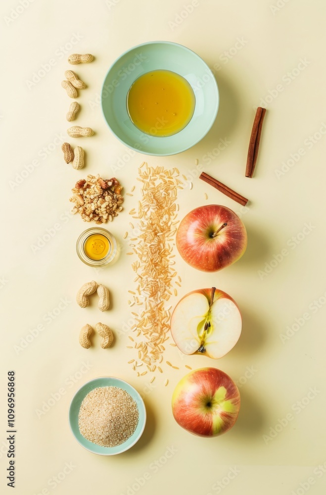 Peanuts, apple slices, a bowl of oil, rice, and honey are arranged artfully on a light background. Concept of healthy food ingredients. For health food promotion... Peanuts, apple slices, a bowl of oil, rice, and honey are arranged artfully on a light background. Concept of healthy food ingredients. For health food promotion...