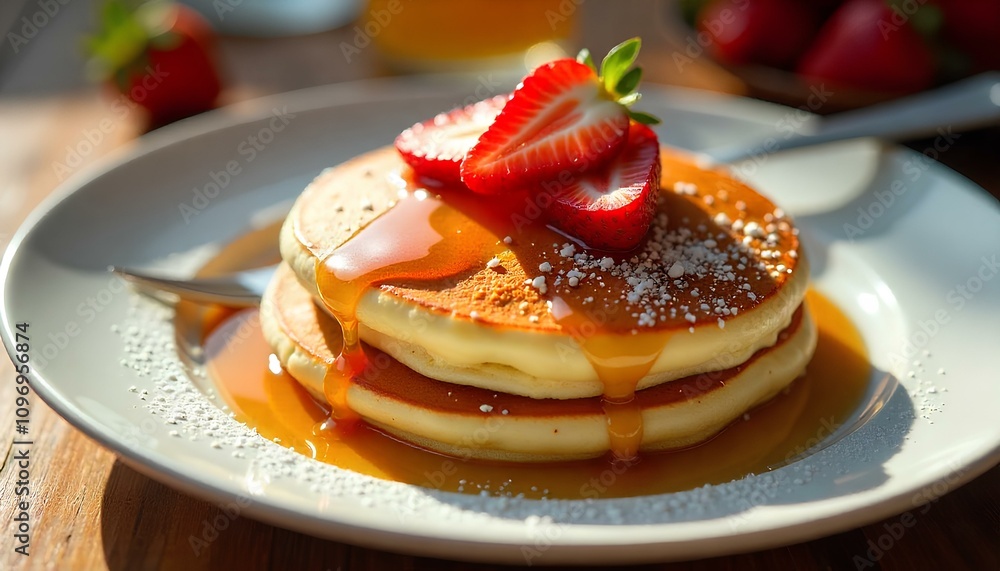 Close-up view of fluffy pancakes with a thick layer of sticky maple syrup, garnished with slices of ripe strawberries and a dusting of powdered sugar, placed on an elegant white plate Close-up view of fluffy pancakes with a thick layer of sticky maple syrup, garnished with slices of ripe strawberries and a dusting of powdered sugar, placed on an elegant white plate