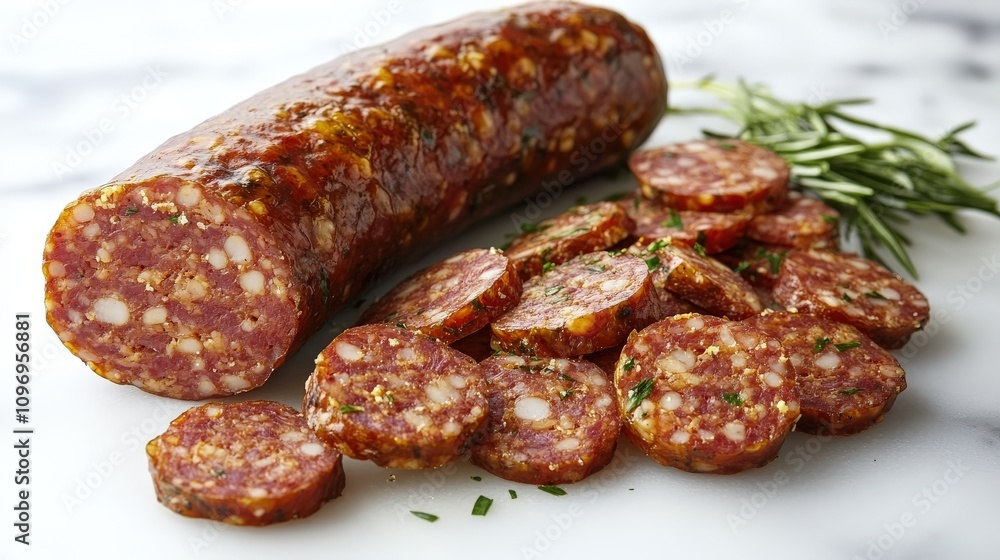 A log of sausage with sliced pieces arranged on a marble surface, garnished with herbs. A log of sausage with sliced pieces arranged on a marble surface, garnished with herbs.