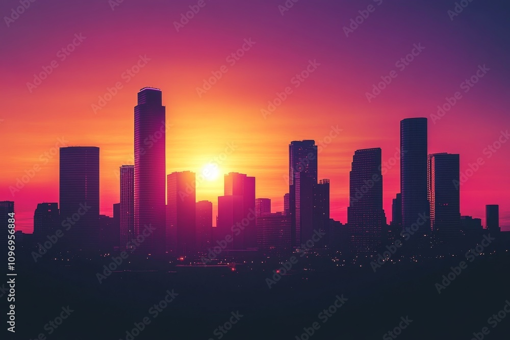 Fototapeta premium Vibrant City Skyline Silhouette at Sunrise - Stunning city skyline silhouette at sunrise, vibrant colors, urban landscape, majestic buildings, peaceful morning.
