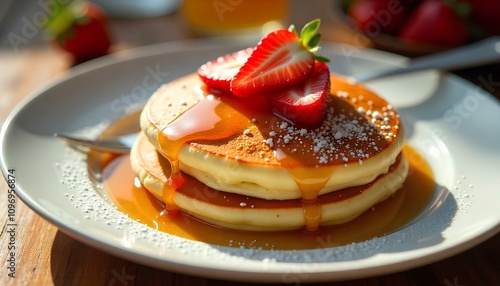 Close-up view of fluffy pancakes with a thick layer of sticky maple syrup, garnished with slices of ripe strawberries and a dusting of powdered sugar, placed on an elegant white plate