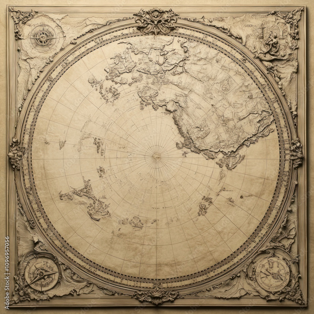 Intricate Ornate Frame Encircles Antique World Map Intricate Ornate Frame Encircles Antique World Map