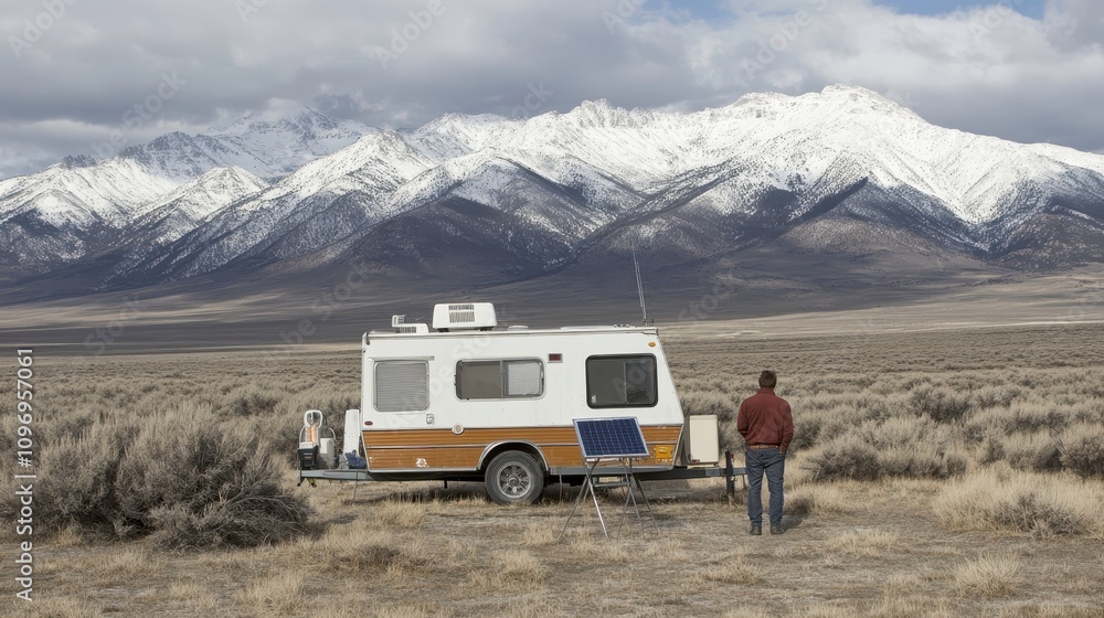 Scenic Camper View with Snowy Mountains in Background Scenic Camper View with Snowy Mountains in Background