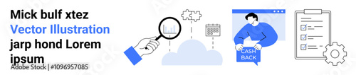 Magnifying glass analyzing data, cloud computing, person with cashback sign, checklist with gear. Ideal for business, finance, technology, marketing, data analysis, workflow optimization, e-commerce