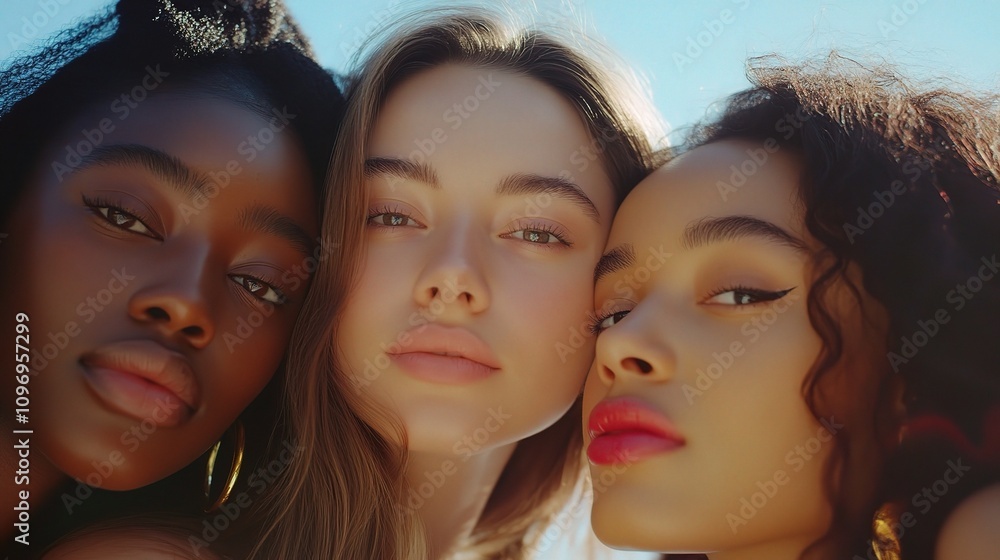 Fototapeta premium Five Women with Diverse Skin Tones Displaying Natural Beauty