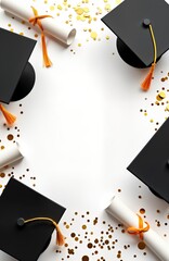 Graduation caps diplomas confetti frame mockup. Empty space for text. Perfect invitation design template. Celebrate academic achievement. School college university event.