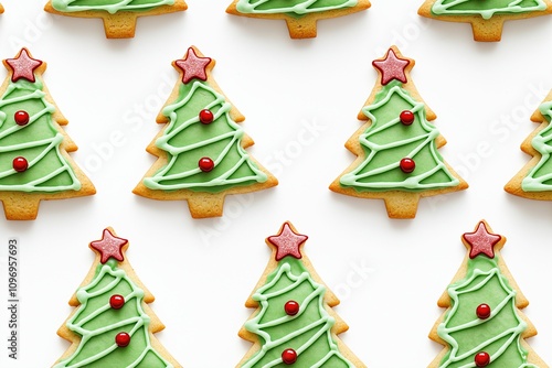 Christmas Tree-Shaped Cookies with Red and Green Decorations on a Festive White Background photo