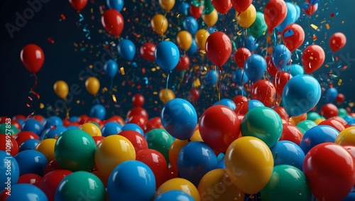 Many colorful balloons, red, blue, yellow, and green, are floating and falling, with confetti around them.