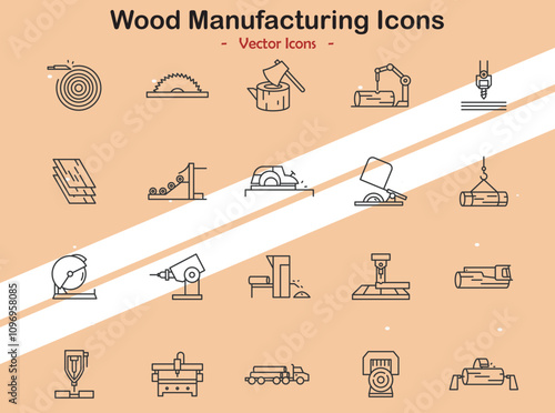 Icons representing wood manufacturing and industry themes in vector style