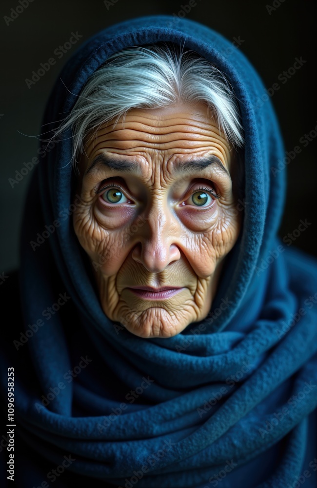 Close-up portrait of elderly woman. Deep-set eyes intense gaze. Gray hair. Dark teal headscarf. Wrinkled face shows age. Serious expression. Human emotion. Beauty in aging. Close-up portrait of elderly woman. Deep-set eyes intense gaze. Gray hair. Dark teal headscarf. Wrinkled face shows age. Serious expression. Human emotion. Beauty in aging.