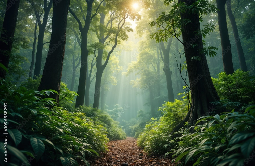 Naklejka premium Sunlit path in misty forest. Rich green plants surround trees. Sunlight beams through canopy. Tranquil nature scene. Perfect eco background. Ideal for spring summer themes.