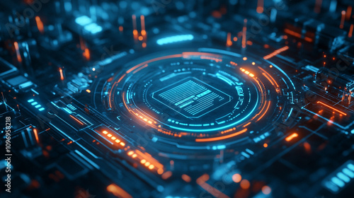 A futuristic digital vortex with intricate neon circuitry and geometric lines, radiating neon lights circuits, abstract technology concept modern Futuristic core hud concept with electronic circuit.