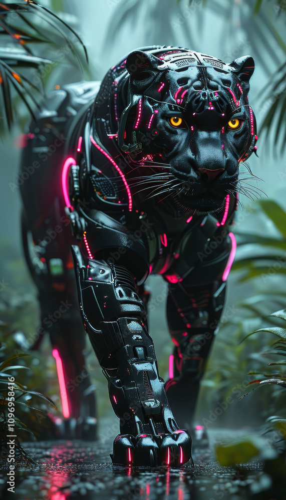 a black futuristic cyborg black panther tiger walking in a misty jungle, cyborg black panther, cybernetic armour with wires and neon lights, rain, futuristic animal, majestic wildlife, nature a black futuristic cyborg black panther tiger walking in a misty jungle, cyborg black panther, cybernetic armour with wires and neon lights, rain, futuristic animal, majestic wildlife, nature
