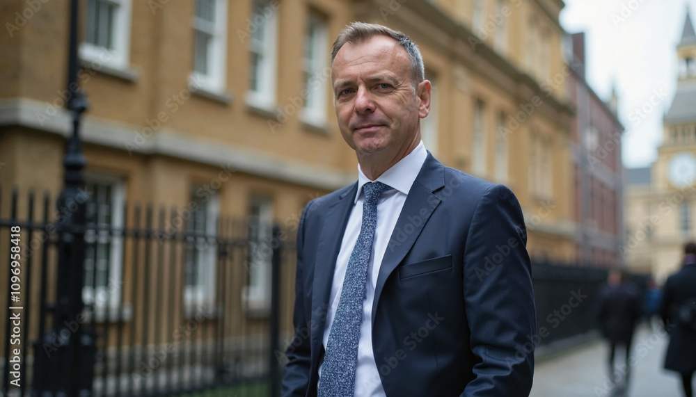 Confident businessman with serious expression standing against urban backdrop Confident businessman with serious expression standing against urban backdrop