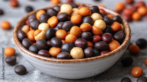 A bowl filled with colorful, round snacks on a textured surface.
