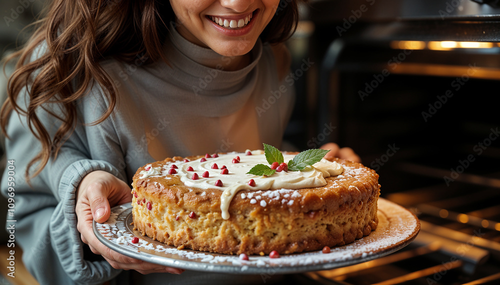 A woman takes Christmas cookies, baked goods, and a cake out of the oven. Christmas food, treats. New Year. Celebration. A woman takes Christmas cookies, baked goods, and a cake out of the oven. Christmas food, treats. New Year. Celebration.