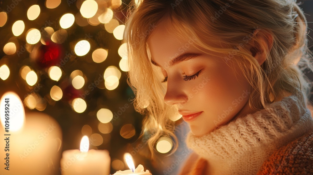 Fototapeta premium Pretty woman pray on a christmas day in the church