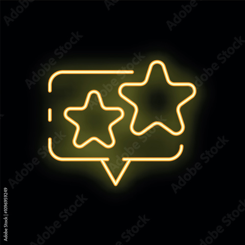 Neon speech bubble with stars showing positive feedback glowing on a dark wall