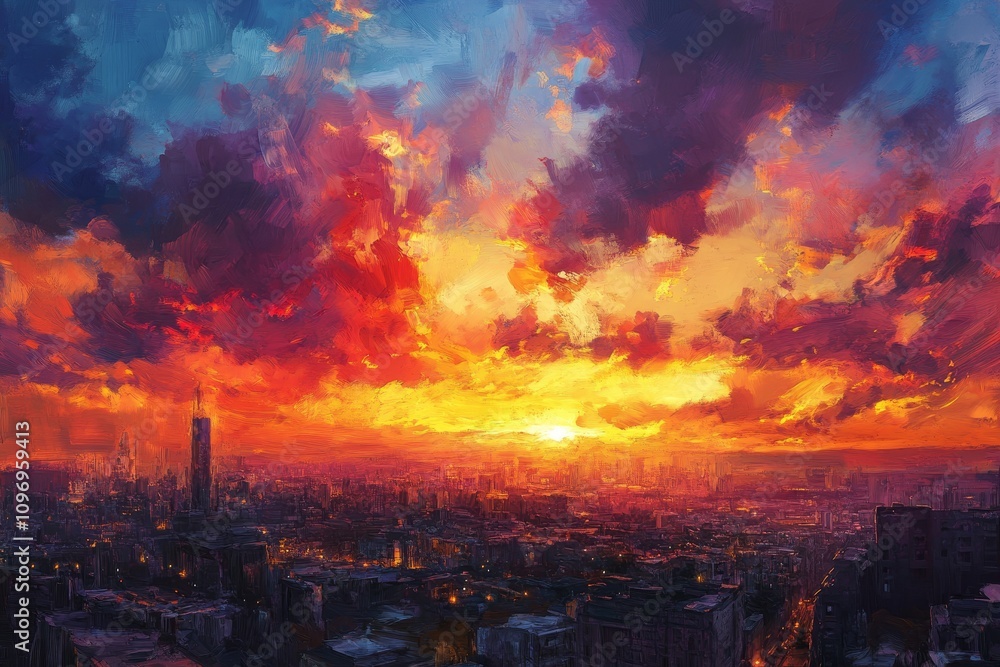 Fototapeta premium Vibrant Sunset over City Skyline - Fiery sunset casts vibrant colors over a city skyline, symbolizing hope, energy, beauty, transition, and urban life.