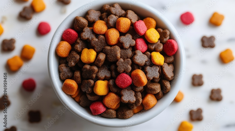 A bowl filled with colorful, shaped snack pieces, ideal for pets or playful treats. A bowl filled with colorful, shaped snack pieces, ideal for pets or playful treats.