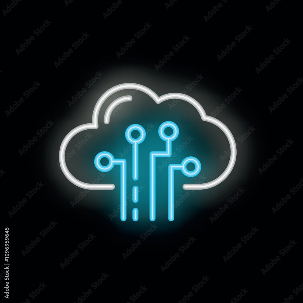 Blue neon cloud computing icon glowing on black background representing concepts like data storage, server, network and more Blue neon cloud computing icon glowing on black background representing concepts like data storage, server, network and more