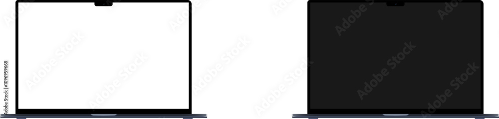 New Apple macbook pro Editorial illustration. Apple Macbook mockups with black and white screen isolated on white background. Apple devices template. Vector editorial illustration. Rivne, Ukraine - No