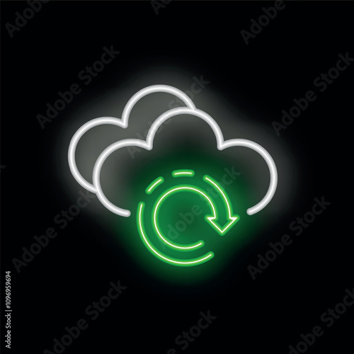 Neon green refresh icon with rotating arrows and clouds overlaying, representing cloud computing sync on black background