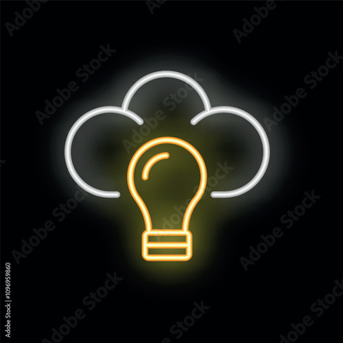 Yellow neon lightbulb shining under a white neon cloud representing cloud computing and new ideas