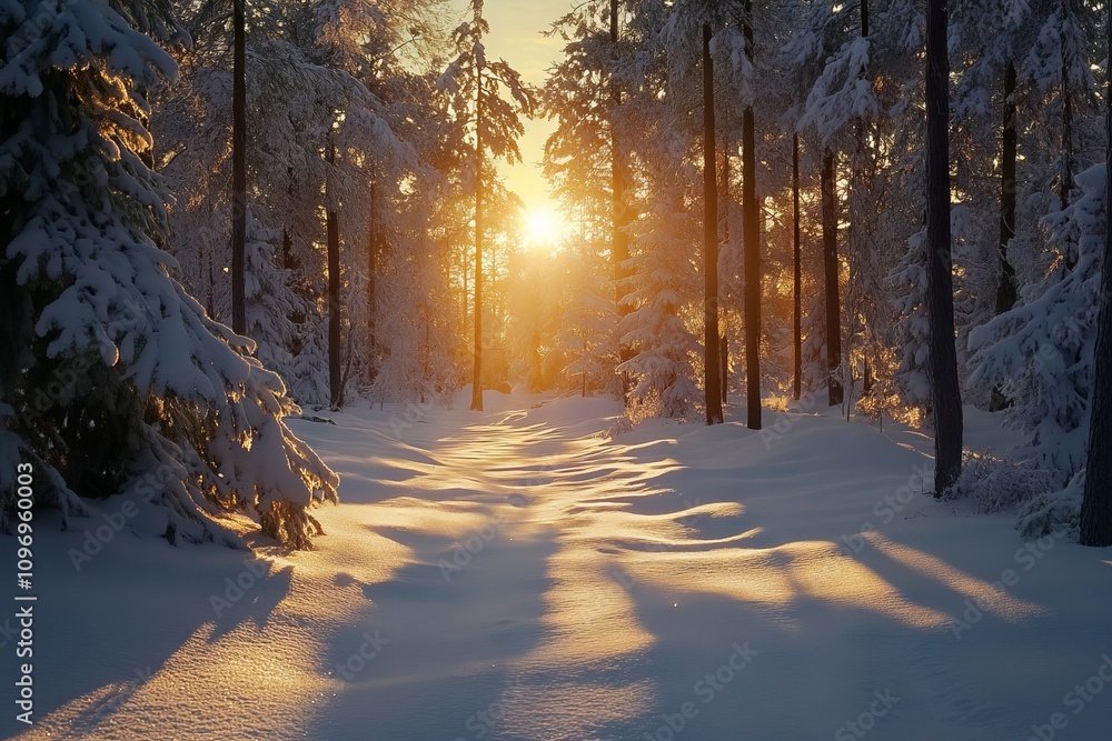 Beautiful Winter Forest Landscape at Sunset. AI generated illustration Beautiful Winter Forest Landscape at Sunset. AI generated illustration