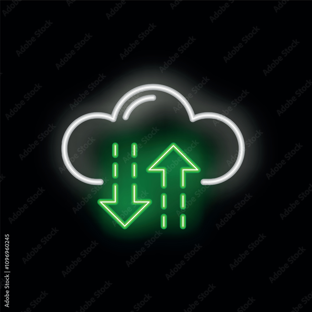 Green neon sign depicting a cloud uploading and downloading data, suitable for cloud computing concepts Green neon sign depicting a cloud uploading and downloading data, suitable for cloud computing concepts