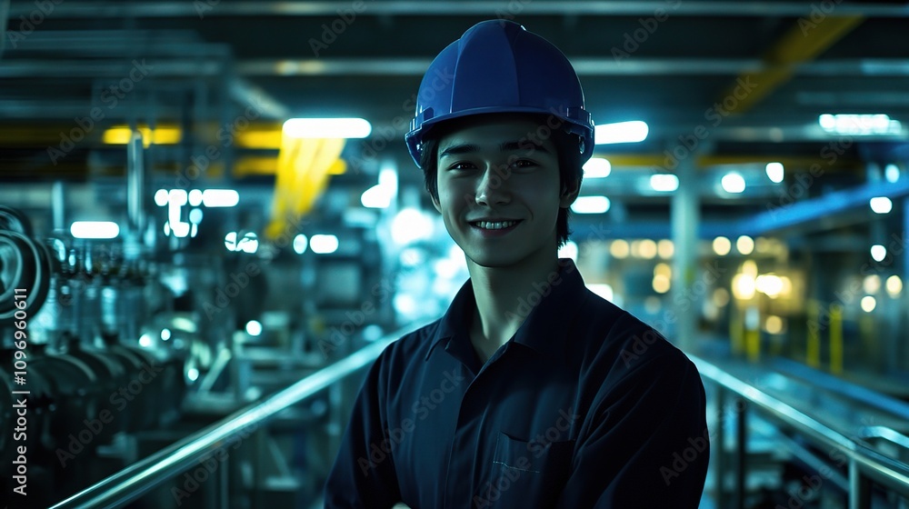 Young Male Engineer Smiling in Blue Hardhat at Industrial Site Young Male Engineer Smiling in Blue Hardhat at Industrial Site