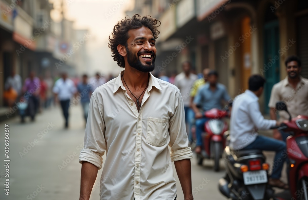 Smiling Indian man walks city street. Casual shirt. Happy face. India urban scene. Daily life. Man in India. Businessman. Tourist. Traveler. City street scene. Smiling Indian man walks city street. Casual shirt. Happy face. India urban scene. Daily life. Man in India. Businessman. Tourist. Traveler. City street scene.