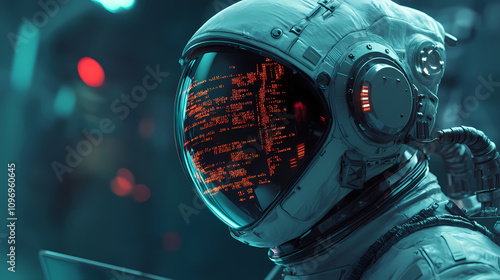 A futuristic spaceman reading programming code with it being reflected over his space helmet. Futuristic Robot Realm. Illustration photo