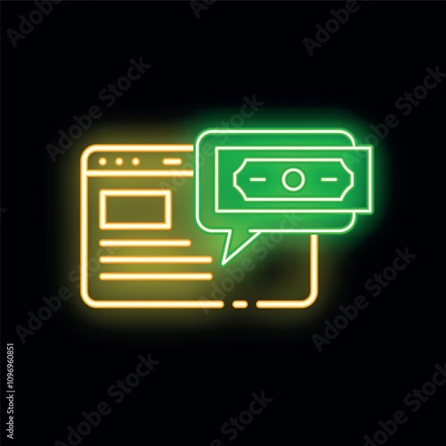 Neon sign showing website page with money speech bubble on black background