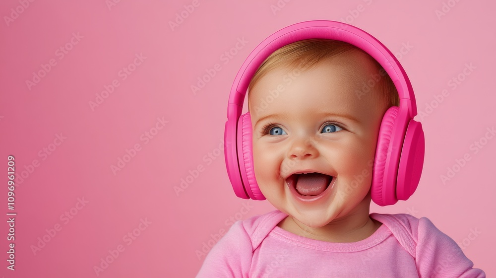 Baby wearing pink headphones is smiling and wearing a pink shirt. The pink headphones are on the baby's head, and the baby's smile is bright and happy Baby wearing pink headphones is smiling and wearing a pink shirt. The pink headphones are on the baby's head, and the baby's smile is bright and happy