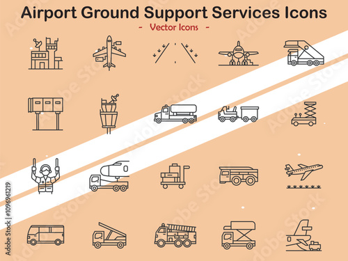 Icons representing airport ground support and aviation services in vector style