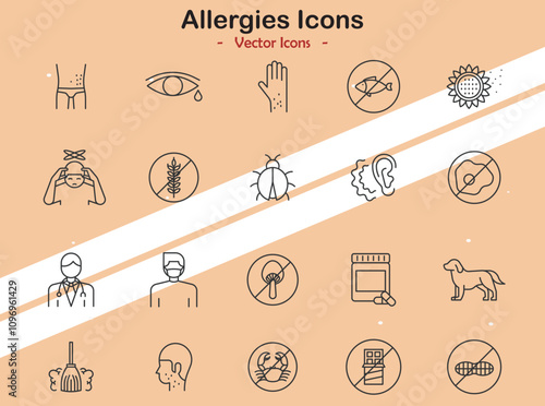 Icons related to allergies and allergen symbols in vector style