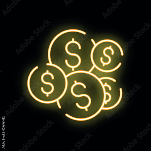 Yellow neon sign representing lots of money with dollar symbol on black background
