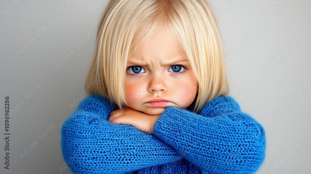 Young blonde girl is wearing a blue sweater and has her arms crossed. She has a frown on her face and she is upset Young blonde girl is wearing a blue sweater and has her arms crossed. She has a frown on her face and she is upset