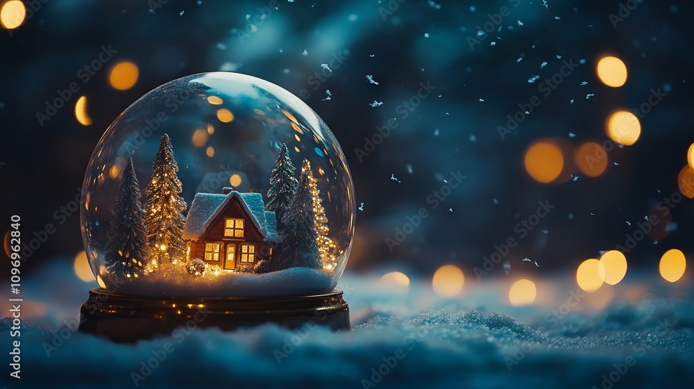 Snow Globe with Cozy House and Snowy Forest on Christmas Night. AI generated illustration Snow Globe with Cozy House and Snowy Forest on Christmas Night. AI generated illustration